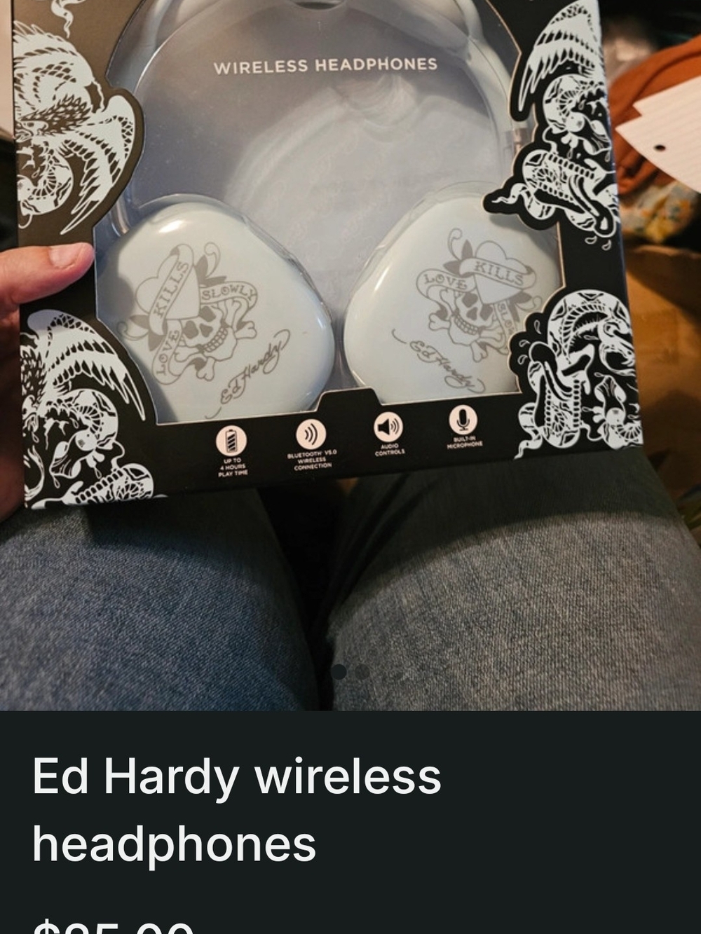 Ed Hardy White Wireless Headphones with Tattoo Skull Graphics
